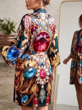 Baroque Satin Kimono Robe Satin Ruby Gemstone NWT Bejeweled Gift 2XL XXL Gold